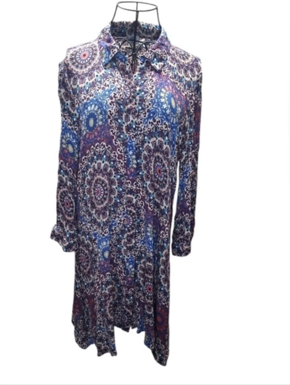 Cupio High Low Paisley Dress Large L Roll-Tab Convertible Sleeve Blue Red Boho - Picture 11 of 11
